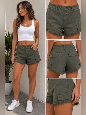 Tinseltown Olive Green Cargo Shorts Frayed Hem Mid Rise Utility Size 0 NWT